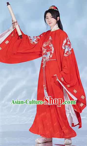 Chinese Ancient Hanfu Wedding Clothing Traditional Groom Red Robe Song Dynasty Scholar Garment Costumes