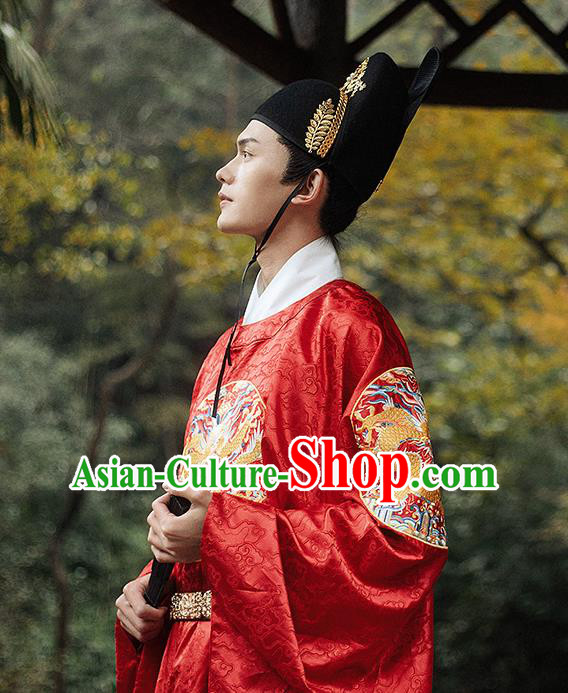 Chinese Ming Dynasty Historical Costumes Ancient Wedding Groom Red Robe Hanfu Clothing