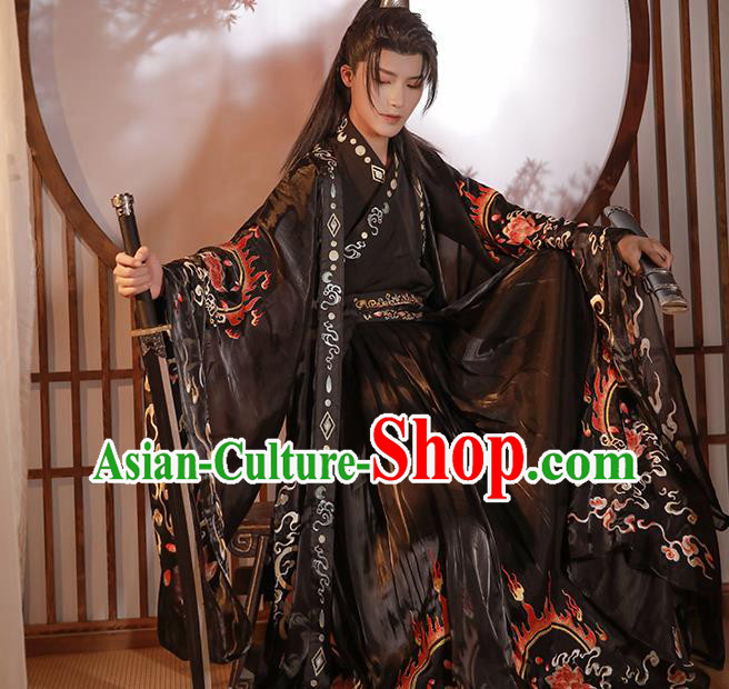 Chinese Song Dynasty Noble Childe Historical Costumes Ancient Swordsman Black Hanfu Clothing