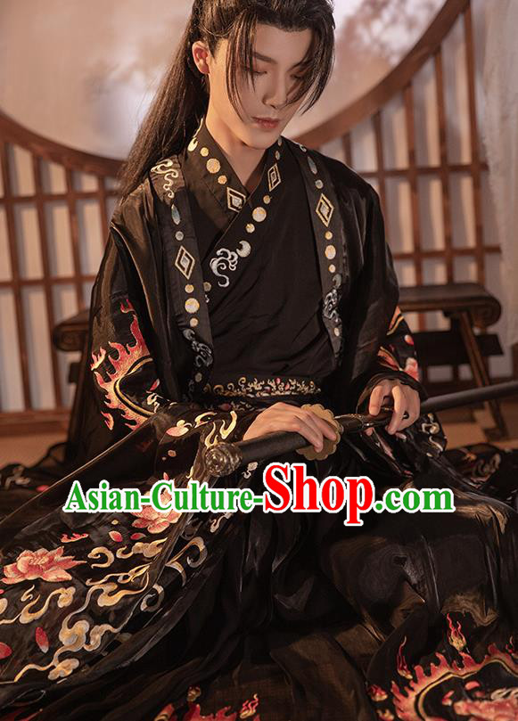 Chinese Song Dynasty Noble Childe Historical Costumes Ancient Swordsman Black Hanfu Clothing