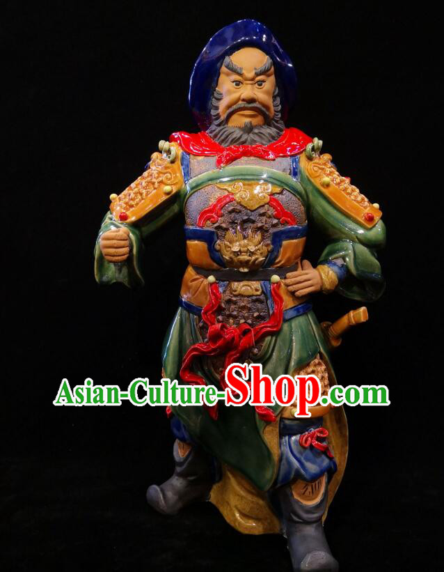 Handmade Zhou Cang Sculpture Chinese Shi Wan Ceramic Figurine Guan Yu Guardian Porcelain Statue Arts