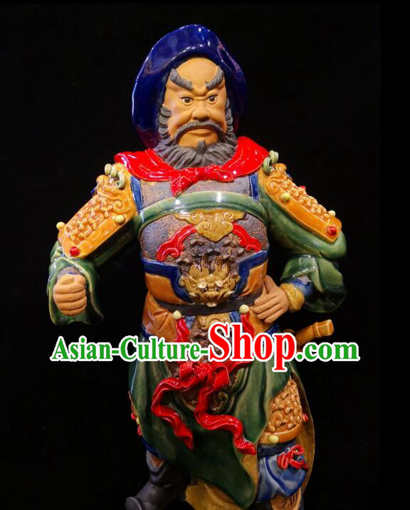 Handmade Zhou Cang Sculpture Chinese Shi Wan Ceramic Figurine Guan Yu Guardian Porcelain Statue Arts