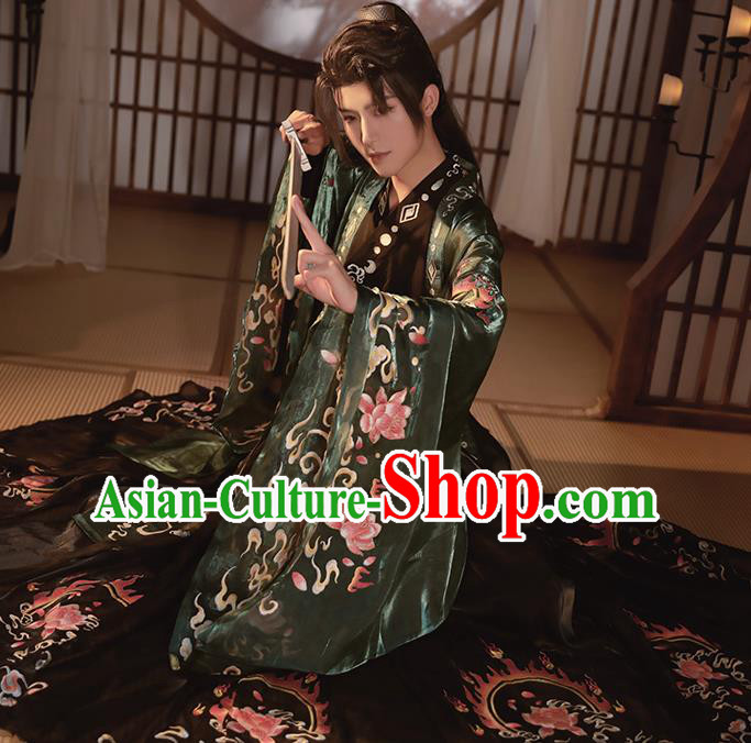 China Traditional Embroidered Hanfu Clothing Jin Dynasty Noble Childe Garment Costumes Ancient Swordsman Green Outfits
