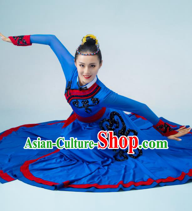 Chinese Mongol Nationality Dance Costume Mongolian Dance Deep Blue Dress Stage Performance Garment Woman Dance Clothing