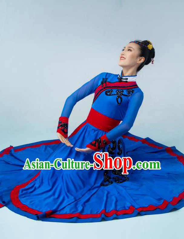 Chinese Mongol Nationality Dance Costume Mongolian Dance Deep Blue Dress Stage Performance Garment Woman Dance Clothing