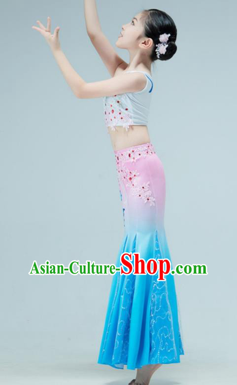 Chinese Folk Dance Clothing Stage Performance Costume Children Peacock Dance Dress Dai Nationality Garment