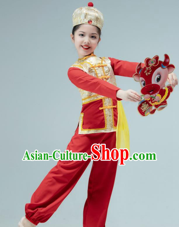 Chinese Folk Dance Red Outfit Children Group Dance Garments Yangko Dance Clothing Stage Performance Costume