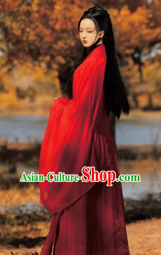 Chinese Jin Dynasty Swordswoman Clothing Ancient Female Knight Costume Traditional Red Hanfu Dress