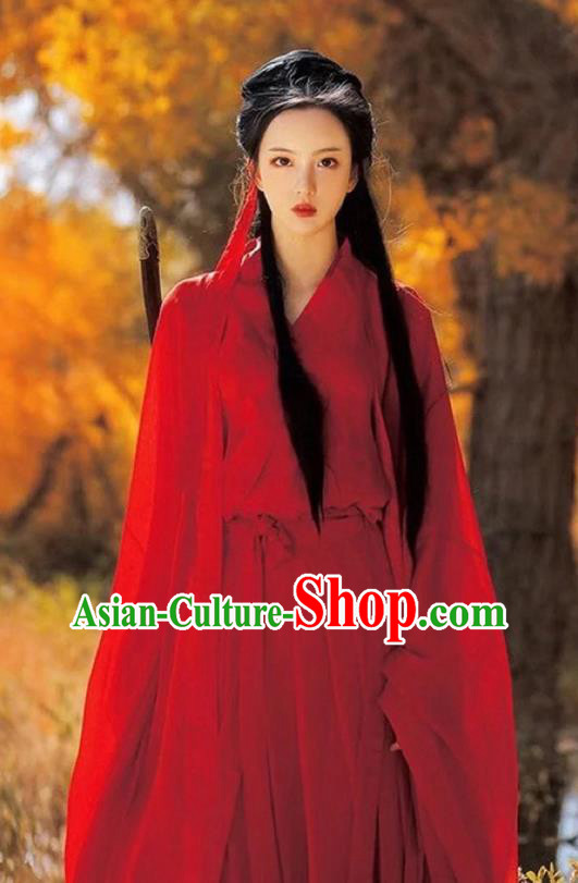Chinese Jin Dynasty Swordswoman Clothing Ancient Female Knight Costume Traditional Red Hanfu Dress
