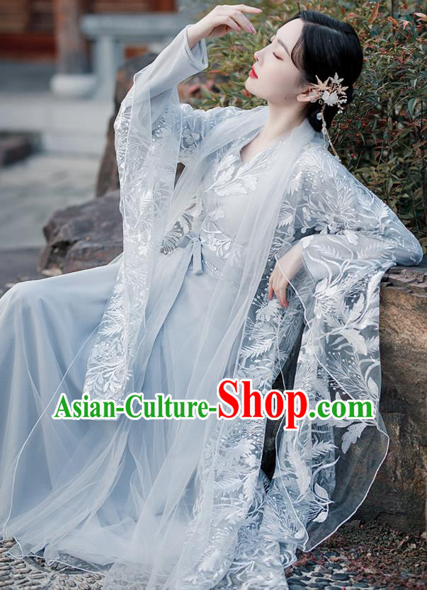 Chinese Traditional Blue Hanfu Dress Jin Dynasty Princess Clothing Ancient Goddess Costumes