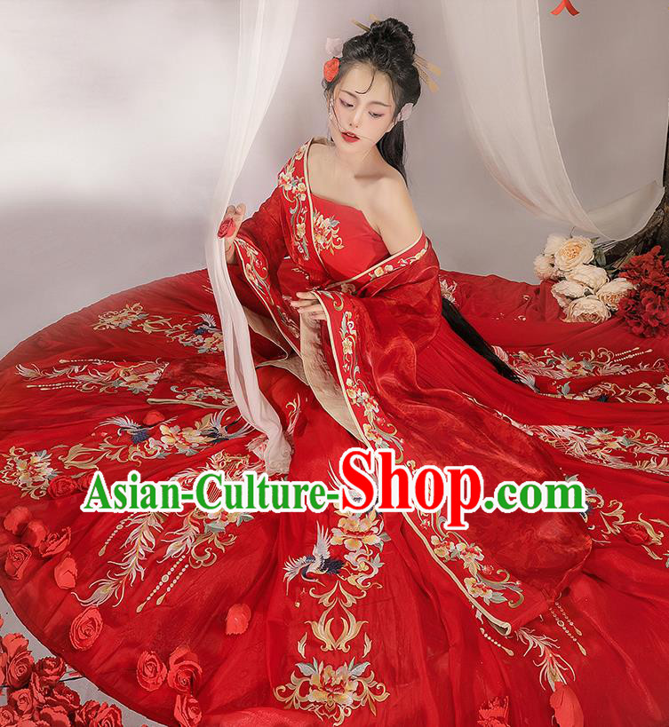 Chinese Jin Dynasty Bride Garment Costumes Ancient Royal Princess Clothing Embroidered Red Hanfu Wedding Dresses