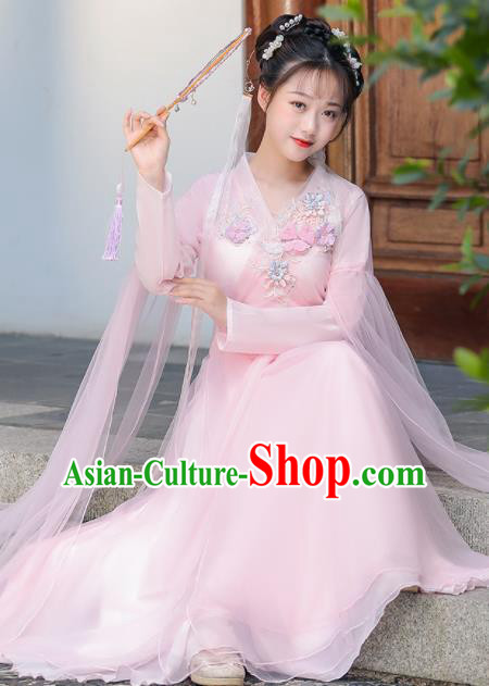 Chinese Ancient Fairy Pink Dress Clothing Traditional Garment Costume