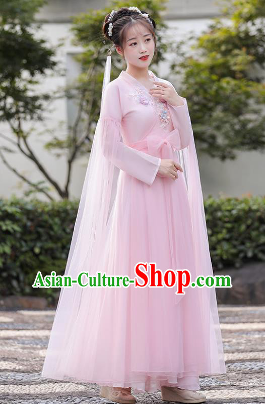 Chinese Ancient Fairy Pink Dress Clothing Traditional Garment Costume