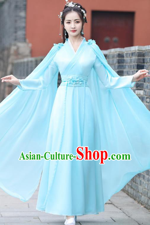 Chinese Ancient Princess Blue Dress Clothing Traditional Costume Drama Fairy Garment