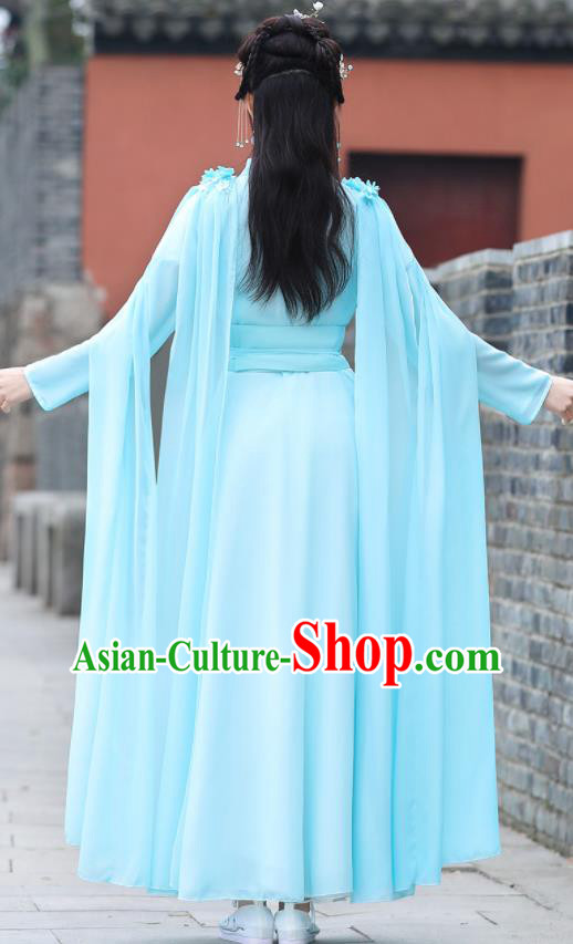 Chinese Ancient Princess Blue Dress Clothing Traditional Costume Drama Fairy Garment