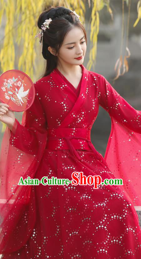 Chinese Ancient Swordswoman Red Dress Clothing Traditional Ming Dynasty Female Costume