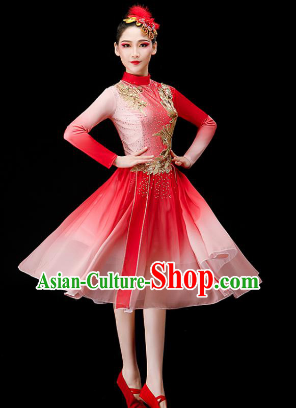 Chinese Modern Dance Clothing Chorus Group Red Dress Women Opening Dance Costume