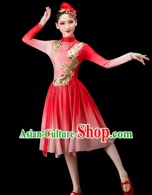 Chinese Modern Dance Clothing Chorus Group Red Dress Women Opening Dance Costume