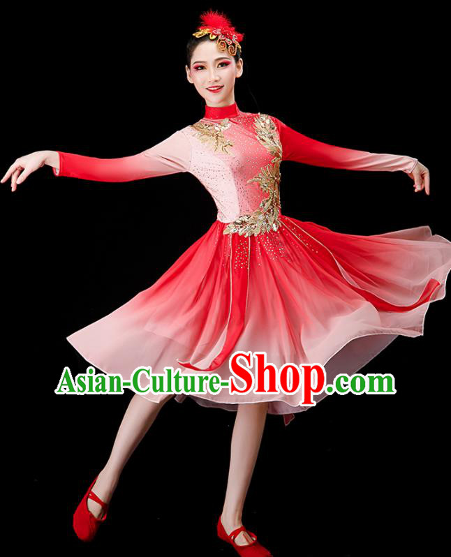 Chinese Modern Dance Clothing Chorus Group Red Dress Women Opening Dance Costume
