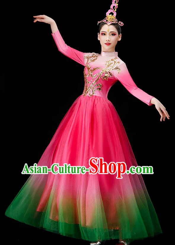Chinese Women Group Dance Costume Modern Dance Clothing Opening Dance Megenta Dress