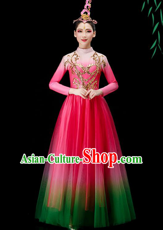 Chinese Women Group Dance Costume Modern Dance Clothing Opening Dance Megenta Dress