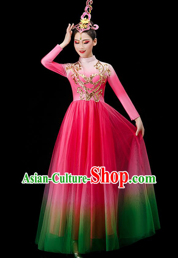 Chinese Women Group Dance Costume Modern Dance Clothing Opening Dance Megenta Dress