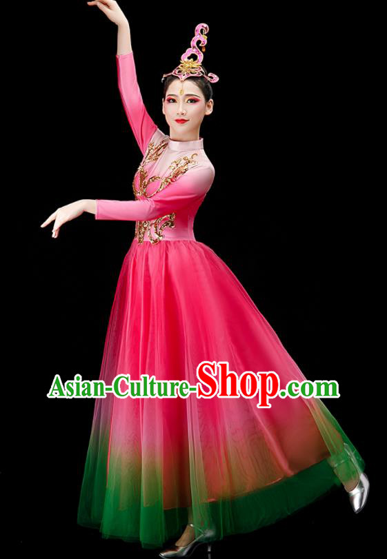 Chinese Women Group Dance Costume Modern Dance Clothing Opening Dance Megenta Dress