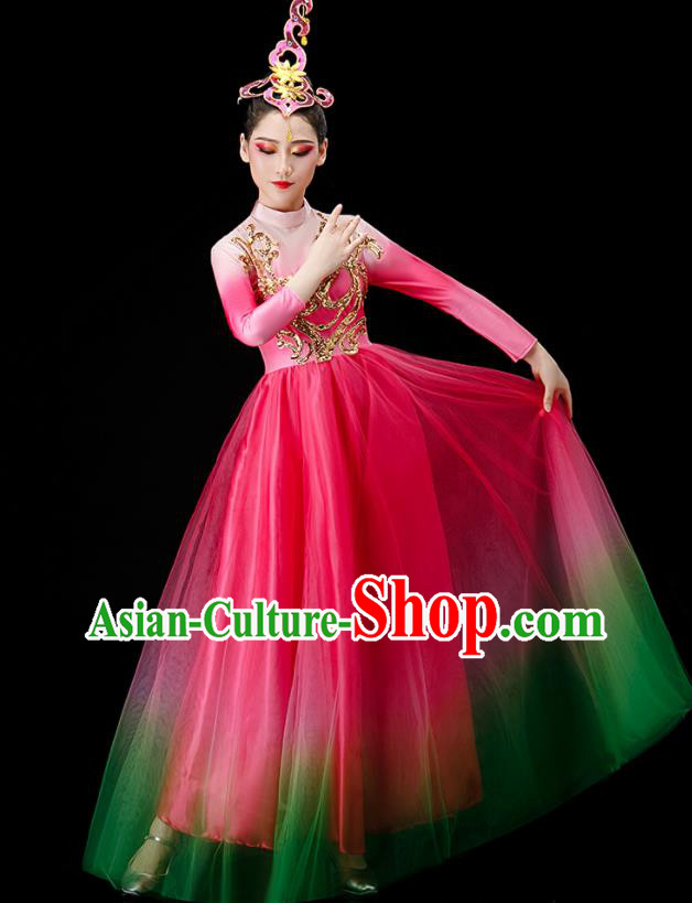 Chinese Women Group Dance Costume Modern Dance Clothing Opening Dance Megenta Dress