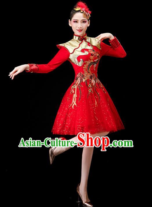 Chinese Drum Dance Red Dress Women Group Dance Costume Modern Dance Clothing