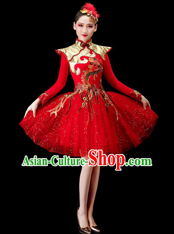 Chinese Drum Dance Red Dress Women Group Dance Costume Modern Dance Clothing