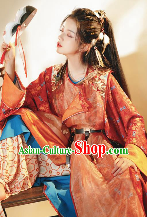 Chinese Traditional Hanfu Clothing Ancient Female Swordsman Red Robe Tang Dynasty Garment Costumes