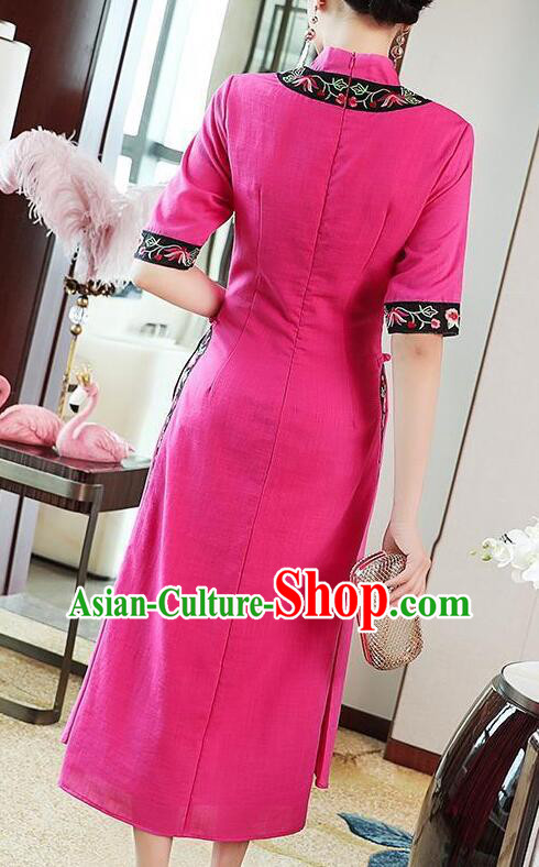 Chinese Traditional Cheongsam Embroidered Megenta Dress Aodai Qipao