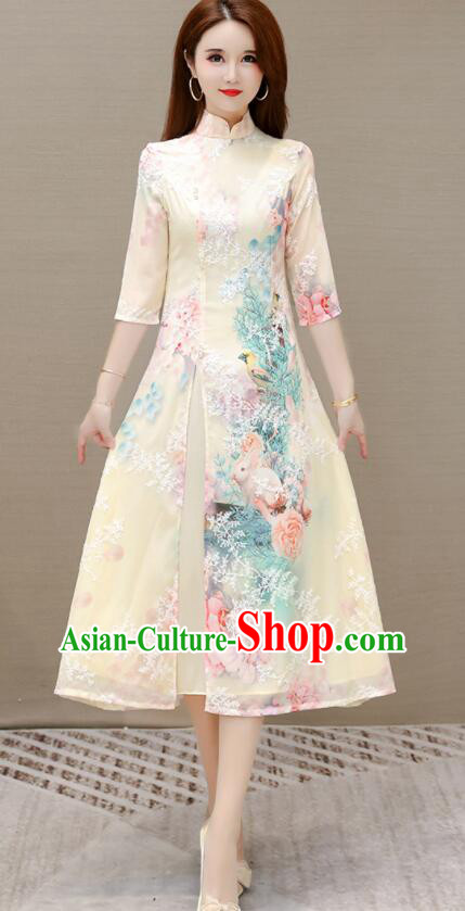 Chinese Embroidered Dress Aodai Qipao Traditional Apricot Cheongsam
