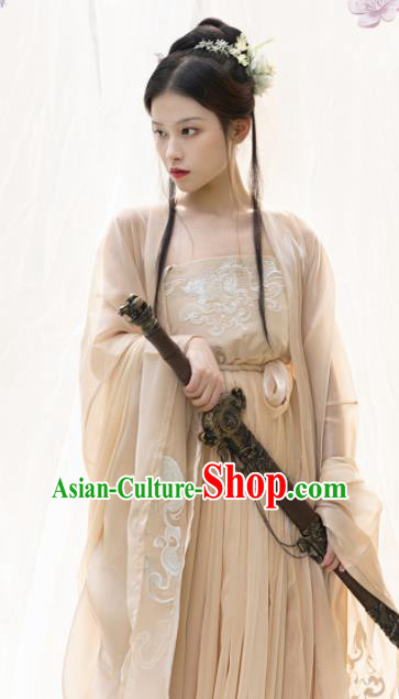 Chinese Ancient Palace Princess Apricot Dress Tang Dynasty Garment Costumes Traditional Embroidered Hanfu Clothing
