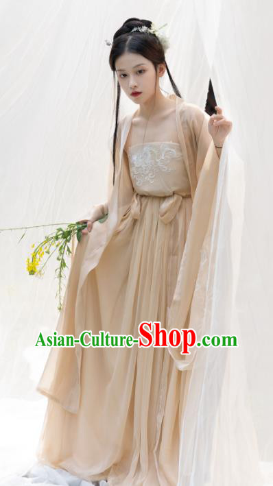 Chinese Ancient Palace Princess Apricot Dress Tang Dynasty Garment Costumes Traditional Embroidered Hanfu Clothing