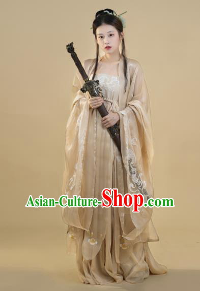 Chinese Ancient Palace Princess Apricot Dress Tang Dynasty Garment Costumes Traditional Embroidered Hanfu Clothing