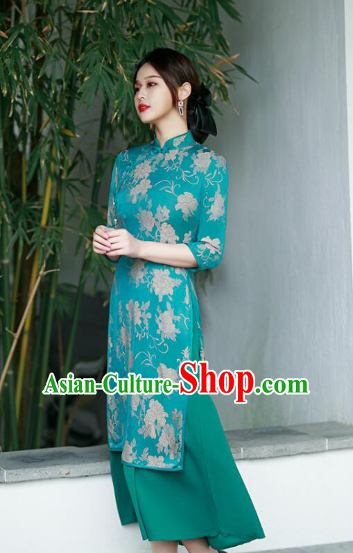 Chinese Traditional Green Cheongsam Middle Sleeve Dress Aodai Qipao
