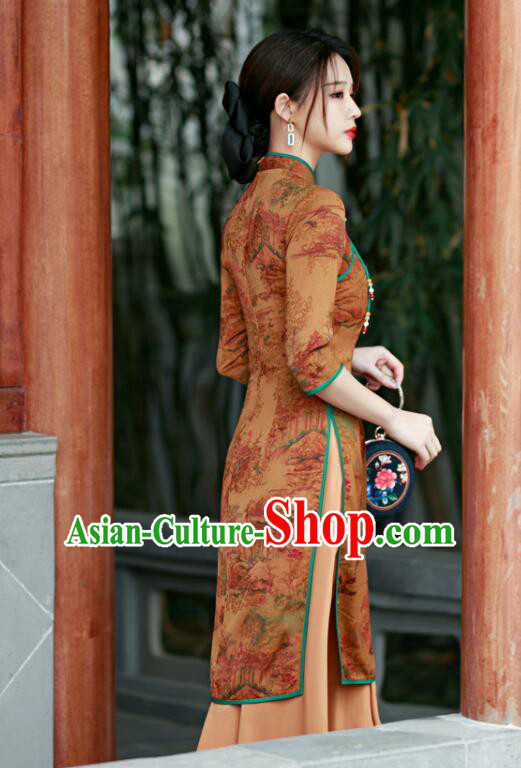 Chinese Aodai Qipao Traditional Gambiered Guangdong Gauze Cheongsam Middle Sleeve Dress