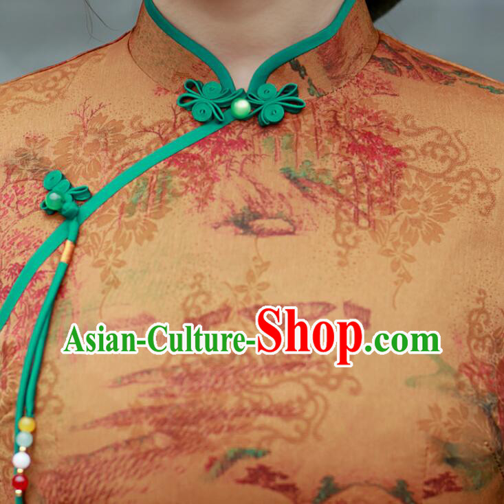 Chinese Aodai Qipao Traditional Gambiered Guangdong Gauze Cheongsam Middle Sleeve Dress