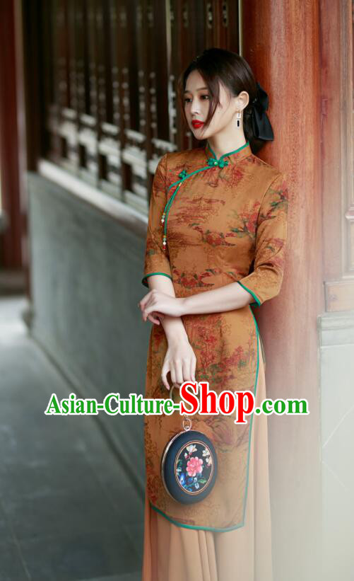 Chinese Aodai Qipao Traditional Gambiered Guangdong Gauze Cheongsam Middle Sleeve Dress
