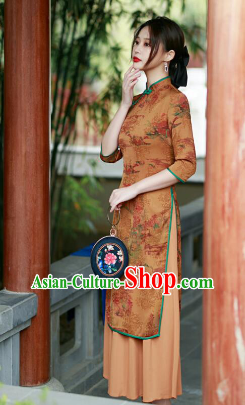 Chinese Aodai Qipao Traditional Gambiered Guangdong Gauze Cheongsam Middle Sleeve Dress