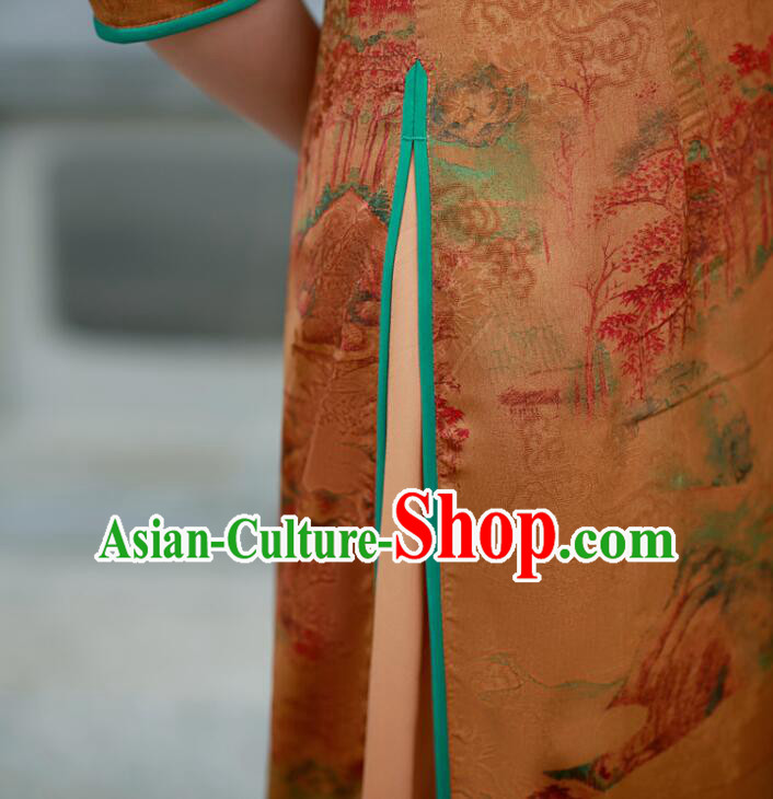 Chinese Aodai Qipao Traditional Gambiered Guangdong Gauze Cheongsam Middle Sleeve Dress