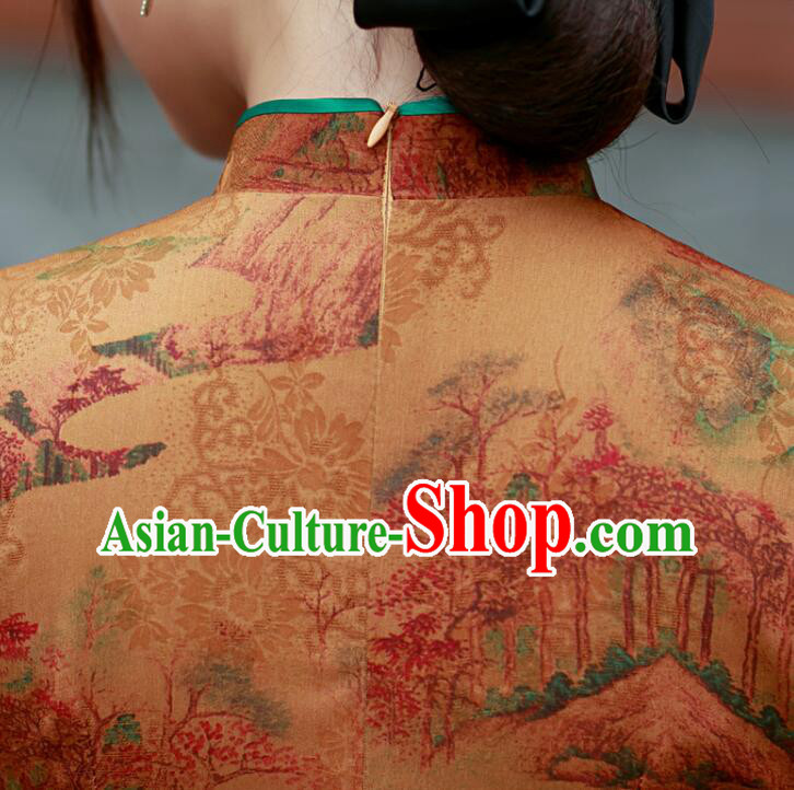 Chinese Aodai Qipao Traditional Gambiered Guangdong Gauze Cheongsam Middle Sleeve Dress