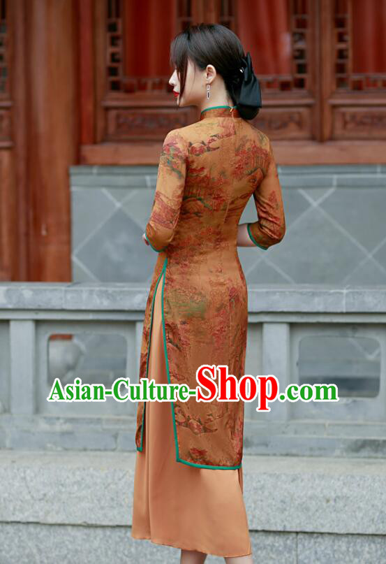 Chinese Aodai Qipao Traditional Gambiered Guangdong Gauze Cheongsam Middle Sleeve Dress