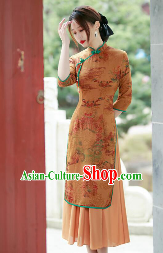Chinese Aodai Qipao Traditional Gambiered Guangdong Gauze Cheongsam Middle Sleeve Dress