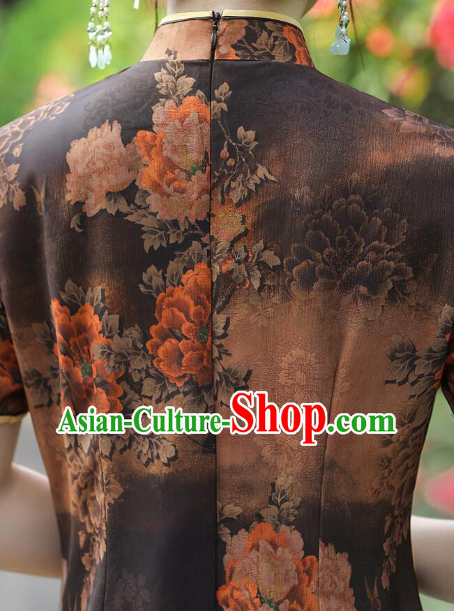 Chinese Aodai Qipao Traditional Brown Dress Classical Gambiered Guangdong Gauze Cheongsam