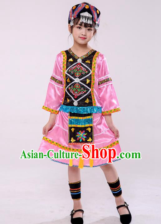 Chinese Yugu Nationality Girl Pink Dress Outfit Ethnic Dance Garment Costume Stage Performance Clothing