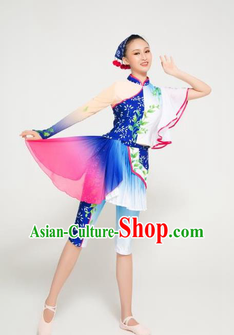 Chinese Stage Performance Blue Outfit Folk Dance Garment Costume Picking Tea Girl Dance Clothing