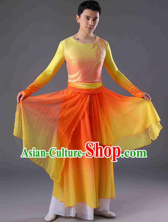 Chinese Men Drum Dance Orange Outfit Classical Dance Costume Spring Festival Gala Dance Clothing