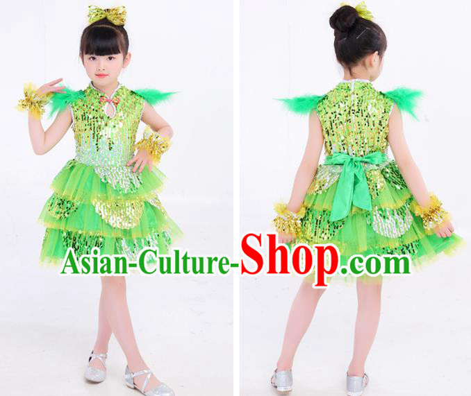 Top Modern Dance Costume Children Day Performance Clothing Girl Dance Green Dress